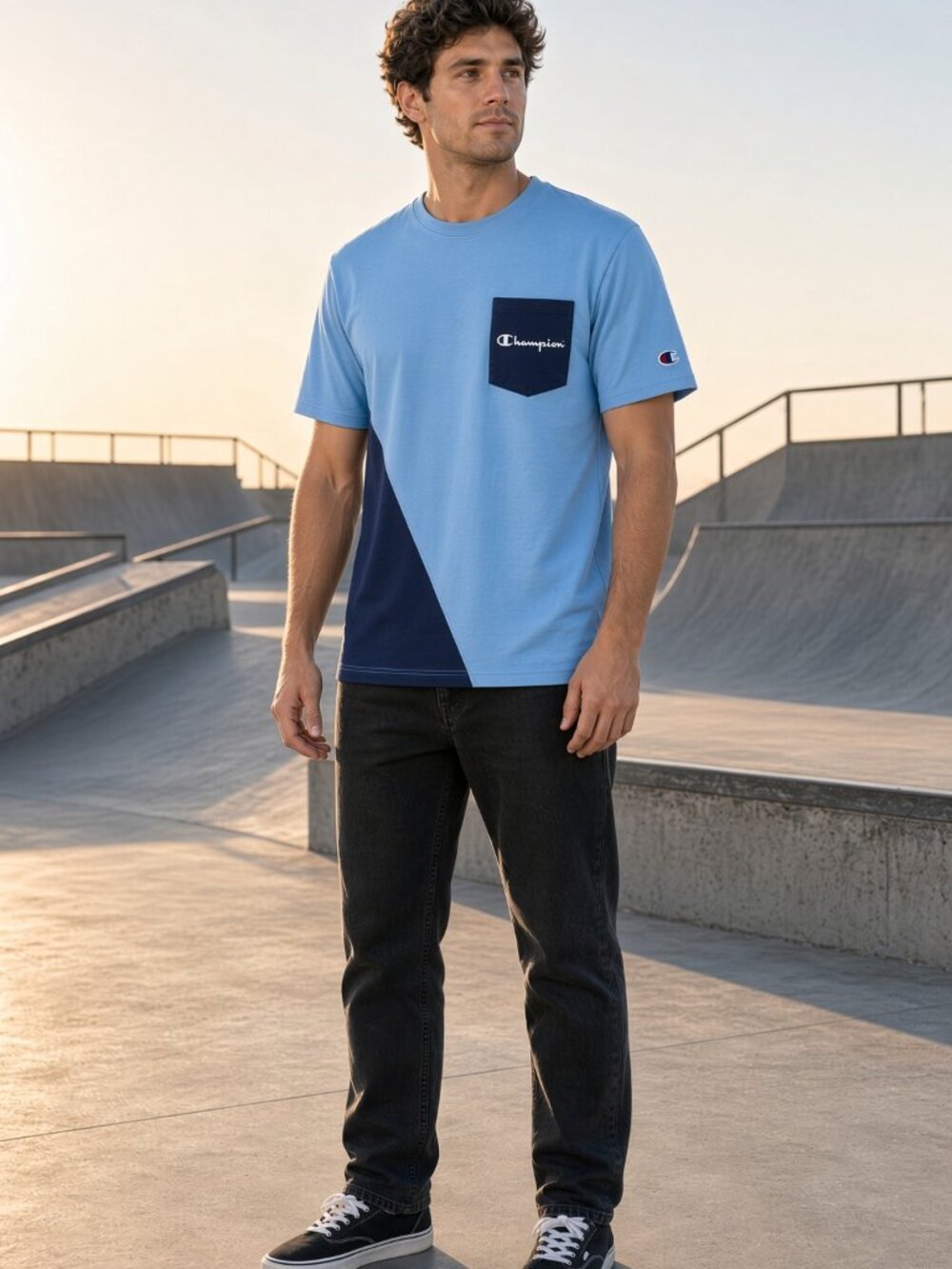 Champion Life Men Blue Navy Colorblock Shift Short Sleeve Pocket Tee US XS